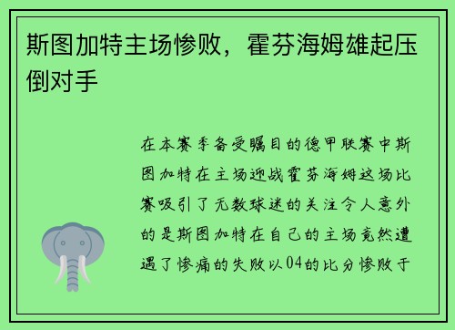 斯图加特主场惨败，霍芬海姆雄起压倒对手
